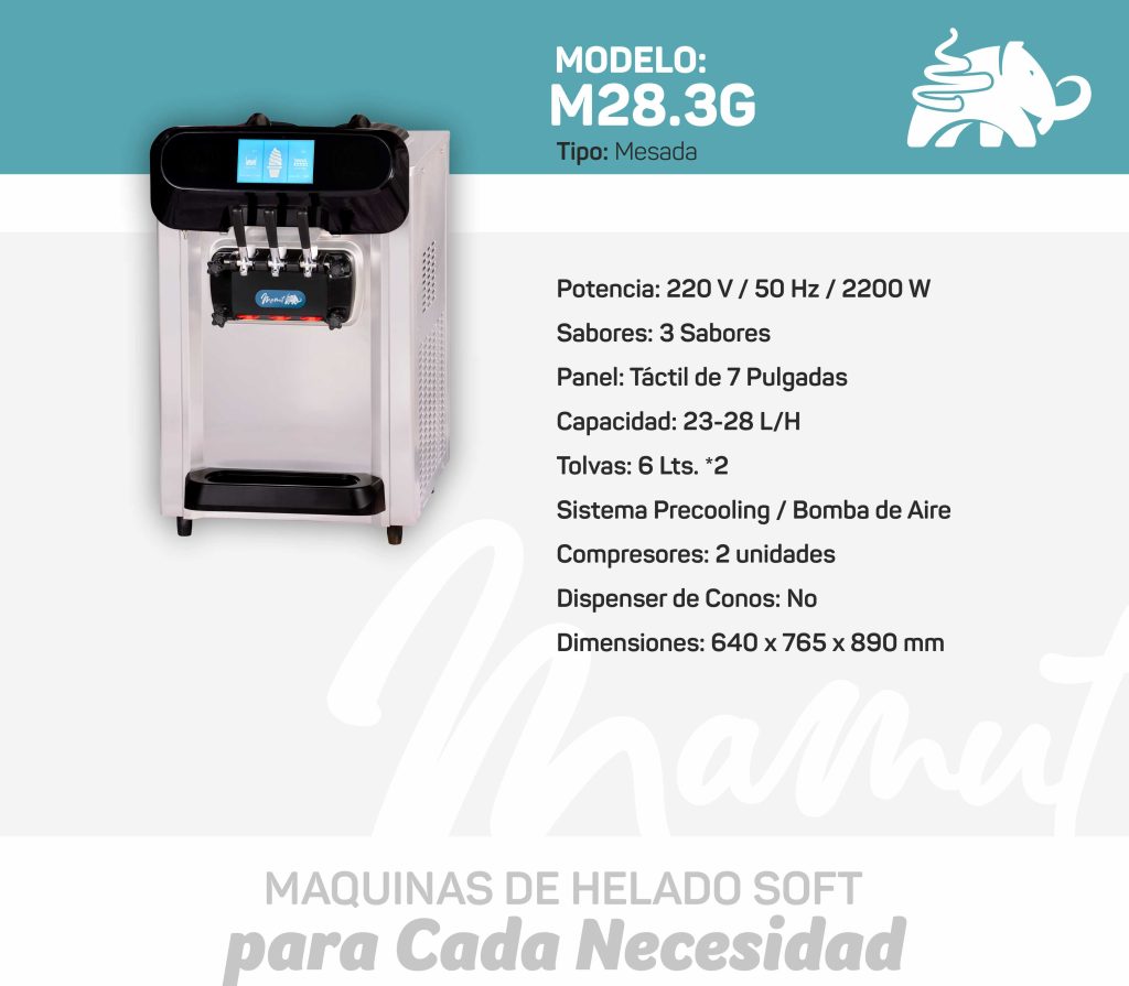 Máquina de Helaso Soft Modelo M28.3G tipo para mesada de tres bocas y dos gustos.